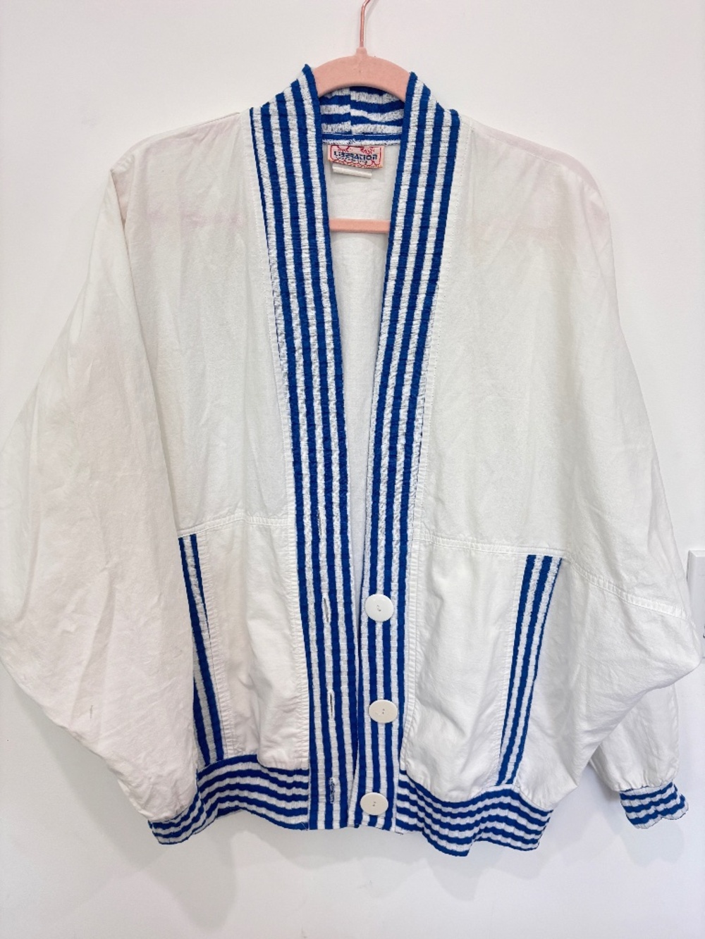 Vintage 1980s Liberation Windbreaker Blue Stripe Trim White Buttons Retro Jacket